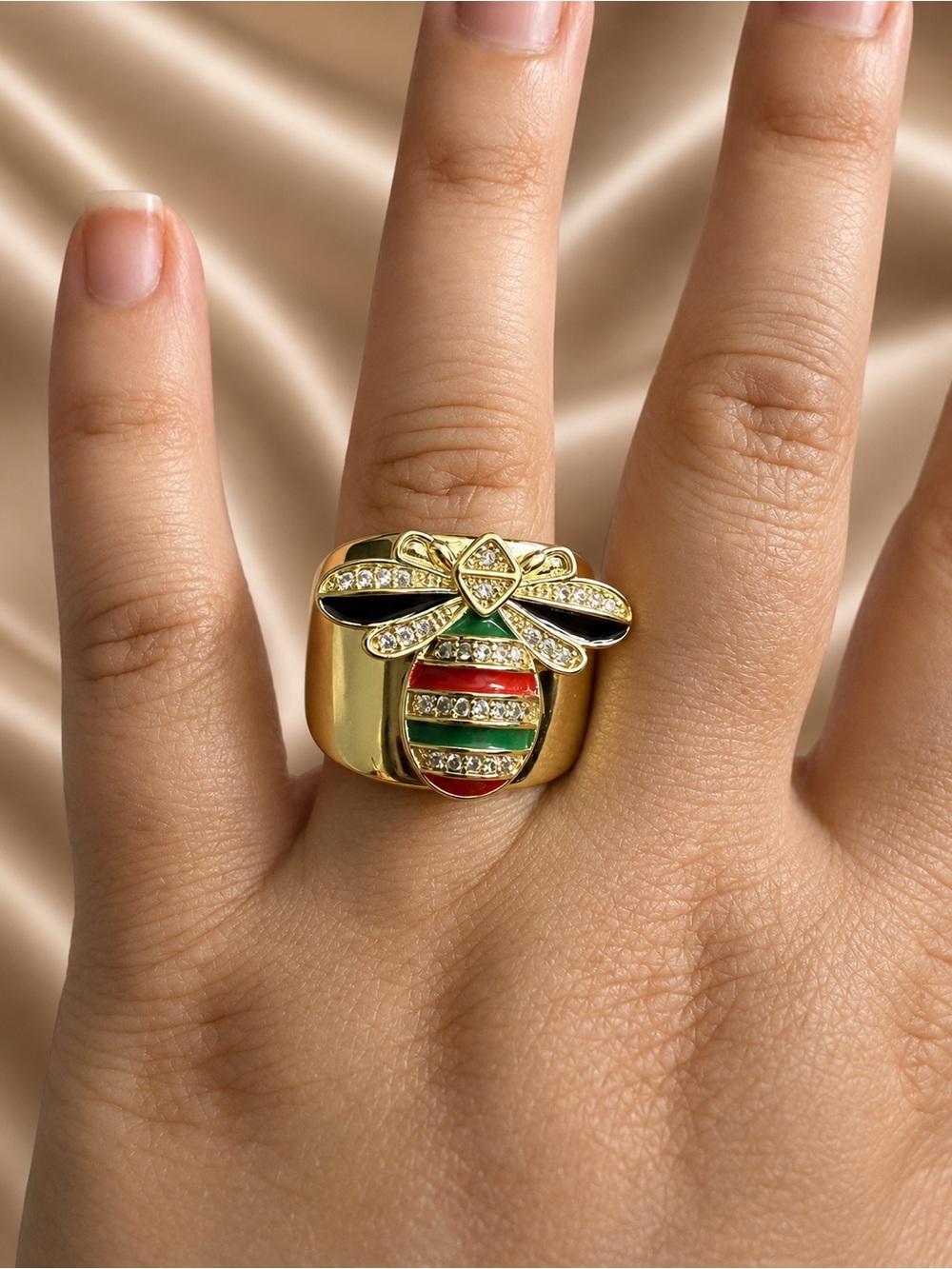 Crystal Bee Statement Ring Gold Enamel Adjustable Cocktail Ring